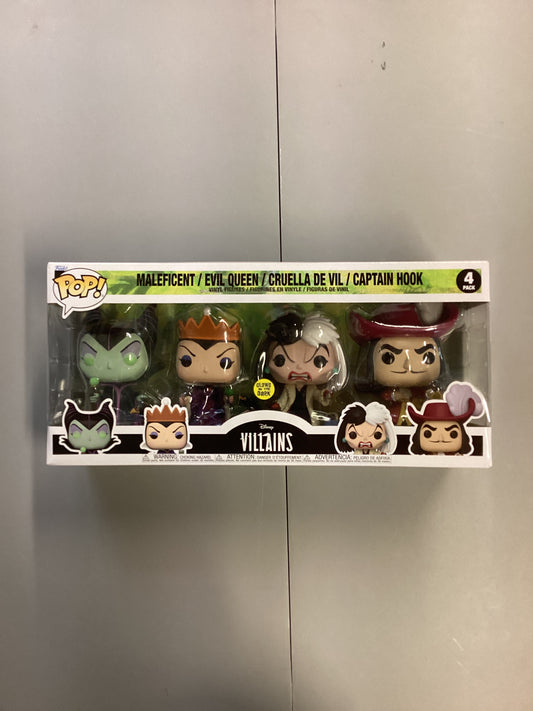 Funko Pop Disney Villains 4 Pack Maleficent, Evil Queen, Cruella De Vil And Captain Hook