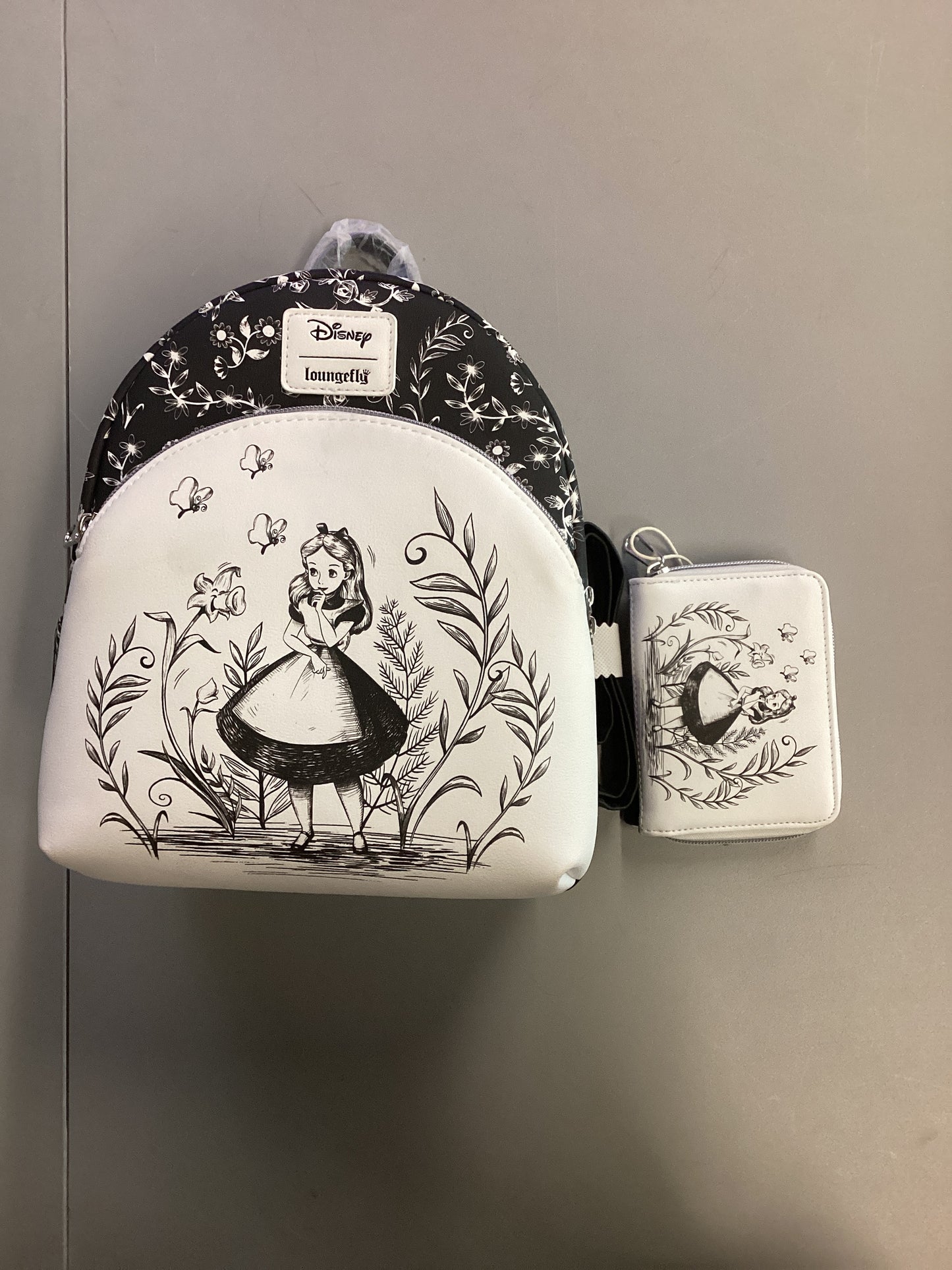 Alice In Wonderland Black And White Loungefly Mini Backpack And Wallet