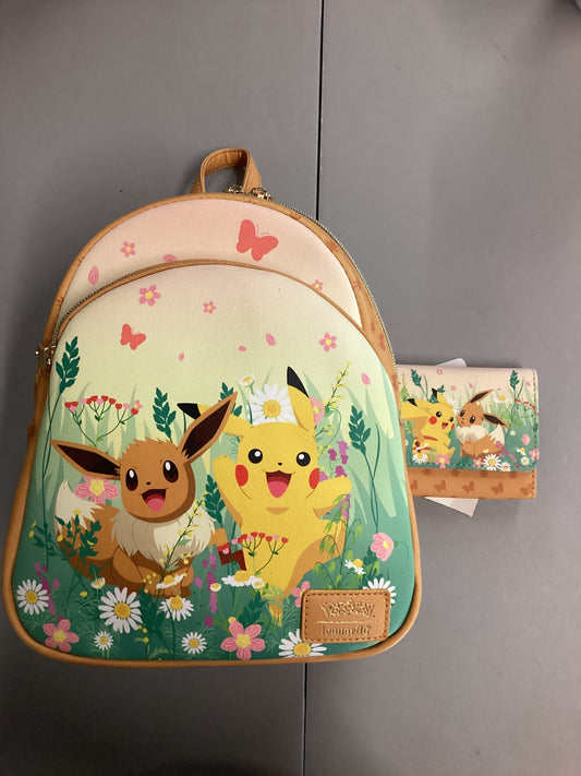 Pokemon Pikachu And Eevee Flower Field Loungefly Mini Backpack And Wallet